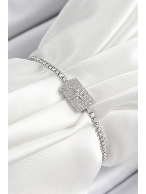 Pileli Store Pilelistore Pirinç Zirkon Taşlı Kutup Yıldızı Model Gümüş Renk Asansörlü Kadın Bileklik - TJ-BB7465