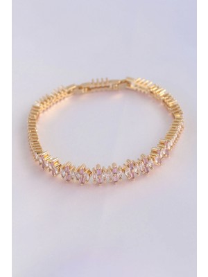 Pileli Store Pilelistore Vip Seri Pirinç Pembe Zirkon Taşlı Gold Renk Baget Model Bileklik - TJ-BB6078