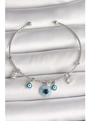 Pileli Store Pilelistore Pirinç Gümüş Renk Sallantı Zirkon Taşlı Nazar Boncuk Figür Charm Kadın Bileklik - TJ-BB6911