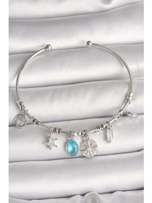 Pileli Store Pilelistore Pirinç Gümüş Renk Sallantı Pusula Figür Kalp Detay Charm Kadın Bileklik - TJ-BB6902