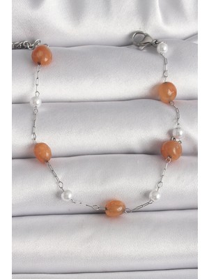 Pileli Store Pilelistore 316L Çelik Gümüş Renk Turuncu Doğaltaş Model Inci Detay Kadın Bileklik - TJ-BB6602