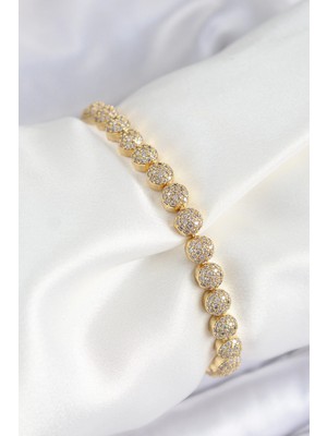 Pileli Store Pilelistore Pirinç Zirkon Taşlı Yarım Topcuk Model Gold Renk Vıp Seri Kadın Bileklik - TJ-BB7508