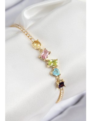 Pileli Store Pilelistore Pirinç Renkli Zirkon Taşlı Geometrik Model Gold Renk Kadın Bileklik - TJ-BB7689