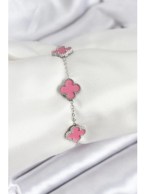 Pileli Store Pilelistore 316L Çelik Gümüş Zincir Pembe Renk Yonca Bileklik - TJ-BB7909