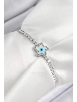 Pileli Store Pilelistore Pirinç Zirkon Taşlı Nazar Yıldız Model Gümüş Renk Asansörlü Kadın Bileklik - TJ-BB7469