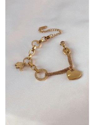 Pileli Store Pilelistore 316L Çelik Gold Renk 2'li Zincir Model Zirkon Taş Detay Kadın Bileklik - TJ-BB5457