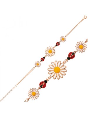 Pileli Store Pilelistore 925 Ayar Gümüş Rose Uğur Böcekli Papatya Bileklik