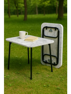 Ecowood Katlanır Kamp Masası Beyaz Mermer Desenli 50X80 cm Pratik Kullanım ve Dayanıklı Metal Ayaklar