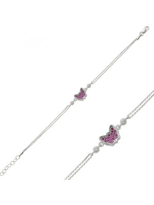 Pileli Store Pilelistore 925 Ayar Gümüş Pembe Kelebek Bileklik