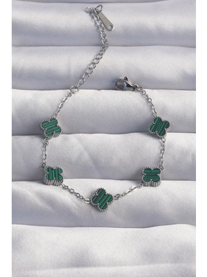 Pileli Store Pilelistore 316L Çelik Baby Boy Gümüş Renk Çizgili Yeşil Mineli Yonca Bileklik - TJ-BB6270