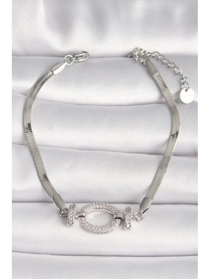 Pileli Store Pilelistore 316L Çelik Gümüş Renk Italyan Zincir Model Zirkon Taşlı Halka Figür Kadın Bileklik - TJ-BB6748