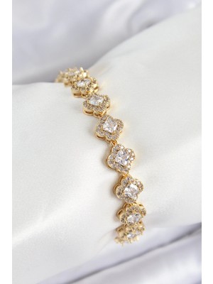 Pileli Store Pilelistore Pirinç Zirkon Taşlı Yonca Baget Model Gold Renk Vıp Seri Kadın Bileklik - TJ-BB7510