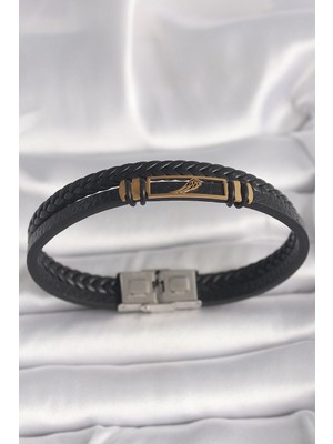 Pileli Store Pilelistore 316L Çelik Gold Renk Kanat Aksesuarlı Siyah Burgu Model Deri Kordon Erkek Bileklik - TJ-EB3703