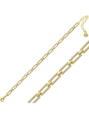 Pileli Store Pilelistore 925 Ayar Gümüş Gold Kare Taşlı Kadın Bileklik