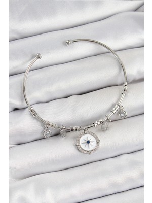 Pileli Store Pilelistore Pirinç Zirkon Taşlı Pusula Model Gümüş Renk Charm Bileklik - TJ-BB7349