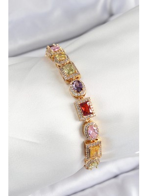 Pileli Store Pilelistore Pirinç Karışık Zirkon Taşlı Baget Model Gold Renk Vıp Seri Kadın Bileklik - TJ-BB7504