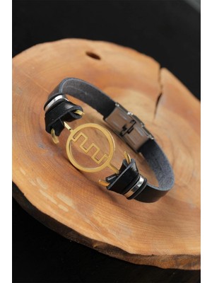 Pileli Store Pilelistore Gold Renk Metal Labirent Tasarım Siyah Renk Deri Erkek Bileklik - TJ-EB2555-KS