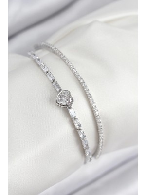 Pileli Store Pilelistore Pirinç Zirkon Taşlı Kalp Model Gümüş Renk Kadın Bileklik - TJ-BB7874