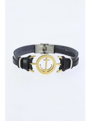 Pileli Store Pilelistore Gold Renk Deniz Çapası Figürlü Metal Aksesuarlı Siyah Renk Deri Erkek Bileklik - TJ-EB1339