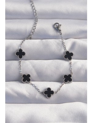 Pileli Store Pilelistore 316L Çelik Baby Boy Gümüş Renk Siyah Mineli Yonca Bileklik - TJ-BB6275