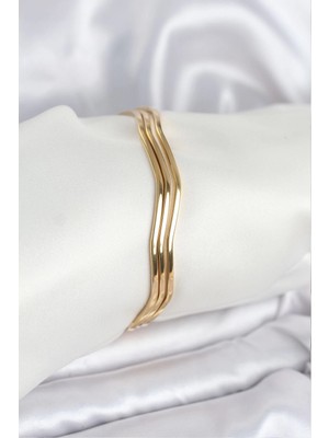 Pileli Store Pilelistore 316L Çelik Gold Renk 65 mm Ajda Zikzak Model 3lü Kadın Bileklik - TJ-BB8075