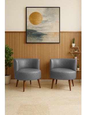 Azra Mobilya Sydney 2 Adet Modern Berjer Tekli Koltuk | Deri Kumaş | Ahşap Ayak | Ofis ve Ev Kullanımı Gri