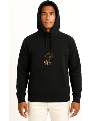 Bahriyeli Collection Kapüşonlu Satranç At Göğüs Baskılı Unisex Sweatshirt