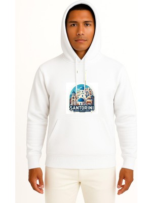 Bahriyeli Collection Kapüşonlu Yunanistan Santorini Adası Göğüs Baskılı Unisex Sweatshirt