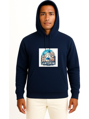 Bahriyeli Collection Kapüşonlu Yunanistan Santorini Adası Göğüs Baskılı Unisex Sweatshirt