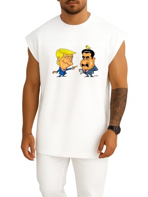 Bahriyeli Collection Oversize Amerika Cumhurbaşkanı Trump ve Venezuela Maduro Göğüs Baskılı Atlet