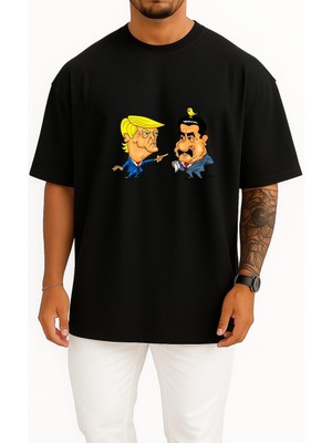 Bahriyeli Collection Oversize Amerika Cumhurbaşkanı Trump ve Venezuela Maduro Göğüs Baskılı Unisex T-Shirt