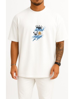 Bahriyeli Collection Oversize Arjantin Aslan ve Güneş Göğüs Baskılı Unisex T-Shirt