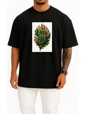 Bahriyeli Collection Oversize Alevlerle Süslenmiş Stilize Dolar Işareti Göğüs Baskılı Unisex T-Shirt