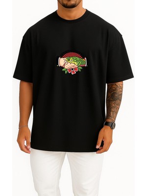 Bahriyeli Collection Oversize Kimseye Güvenme Yılan Isırır Göğüs Baskılı Unisex T-Shirt