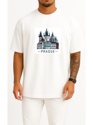 Bahriyeli Collection Oversize Çek Cumhuriyeti Prague - Prag Göğüs Baskılı Unisex T-Shirt