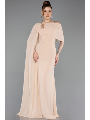 Abiyefon Pelerinli Tek Omuz Uzun Şifon Abiye Elbise ABU5418