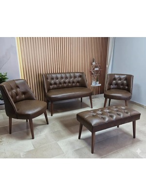 Azra Mobilya Milano Çay Seti Koltuk Takımı - Ofis Takımı - Deri Kumaş - 2+1+1+Bench - Acı Kahve