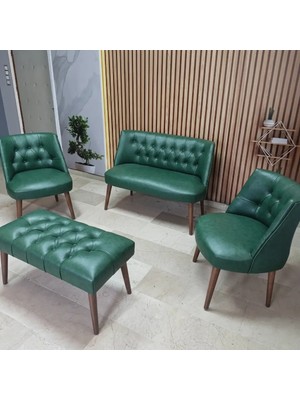 Azra Mobilya Milano Çay Seti Koltuk Takımı - Ofis Takımı - Deri Kumaş - 2+1+1+Bench - Yeşil