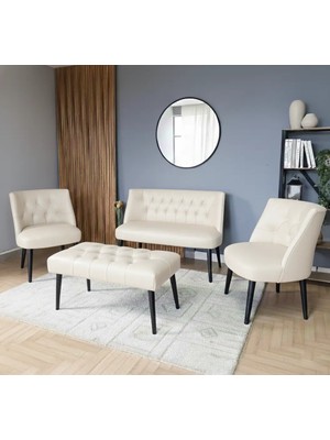 Azra Mobilya Milano Çay Seti Koltuk Takımı - Ofis Takımı - Deri Kumaş - 2+1+1+Bench - Krem
