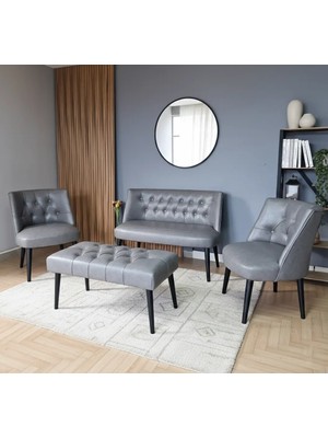 Azra Mobilya Milano Çay Seti Koltuk Takımı - Ofis Takımı - Deri Kumaş - 2+1+1+Bench - Gri