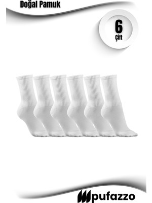 Pufazzo Kadın Beyaz Spor Çorap 6'lı Set - Doğal Pamuk, Dikişsiz, Havlu Taban Tenis Çorabı, Soket Çorap