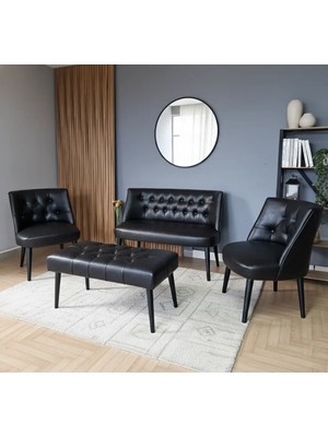 Azra Mobilya Milano Çay Seti Koltuk Takımı - Ofis Takımı - Deri Kumaş - 2+1+1+Bench - Siyah