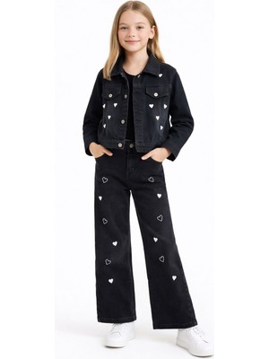 Cansın Mini Siyah Kalp Desenli Düğmeli Ceketli Pantolonlu Kız Çocuk Jean Takım 23476