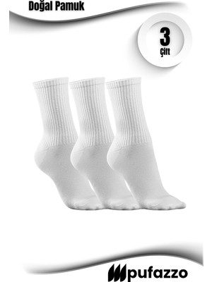 Pufazzo Uniseks Tenis Beyaz Spor Çorap 3'lü Set - Doğal Pamuk, Dikişsiz, Havlu Taban Soket Çorap