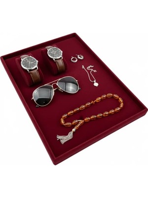 Megass Dekor Süet Kumaş Bordo Renk 34/24 cm Takı Servis Sunum Tablası