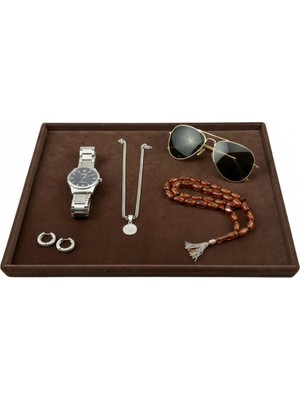 Megass Dekor Süet Kumaş Kahve Renk 34/24 cm Takı Servis Sunum Tablası