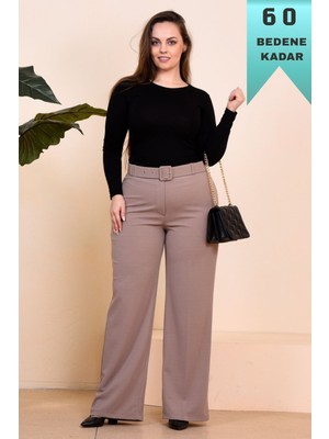 Elmas Tesettür Kadın Giyim Büyük Beden Kemerli Scuba Kumaş Bol Paça Pantolon