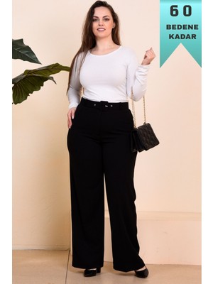 Elmas Tesettür Kadın Giyim Büyük Beden Kemerli Scuba Kumaş Bol Paça Pantolon