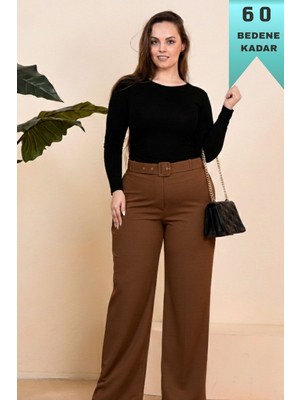 Elmas Tesettür Kadın Giyim Büyük Beden Kemerli Scuba Kumaş Bol Paça Pantolon