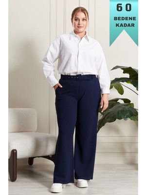 Elmas Tesettür Kadın Giyim Büyük Beden Kemerli Scuba Kumaş Bol Paça Pantolon